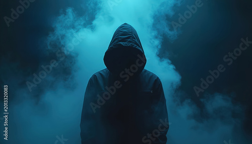 Anonymous person in dark hooded jacket stands in blue smoke. Figure obscures face, creating mysterious, moody, dramatic atmosphere. Sense of suspense and secrecy.