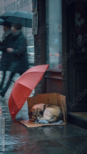 Homeless dog sleeping in a cardboard box sheltered by a red umbrella on a rainy city street.