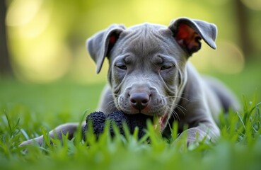 Young pit bull puppy chews toy on green grass lawn outside. Adorable dog with grey fur lies down, plays with ball. Close up of cute pet, summer day, garden setting.