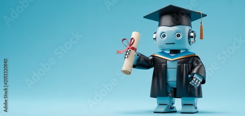 Graduation robot holding red pen and diploma on blue background in cheerful celebration.