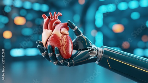 Human hand holding a detailed anatomical model of a human heart with illuminated city background.