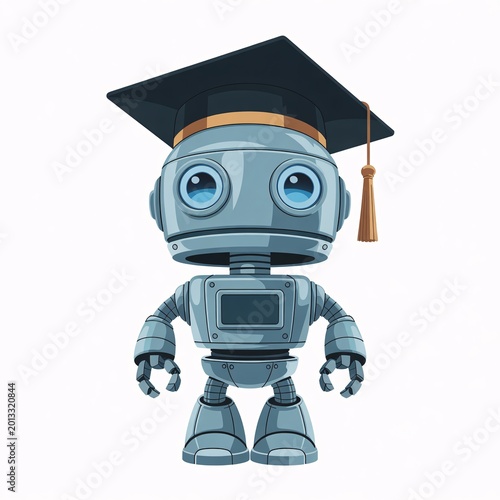 3D Robot Wearing Graduation Cap Celebrating Academic Achievement in Futuristic Style.