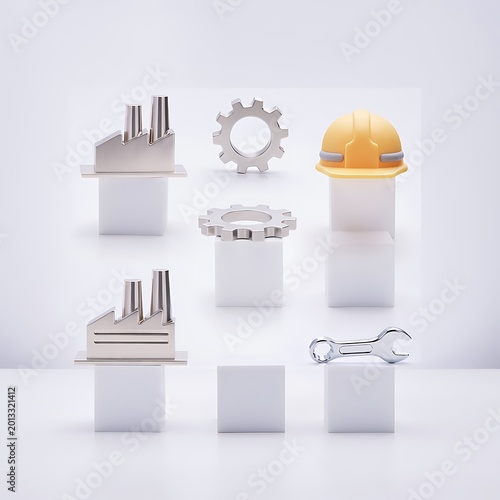 Industrial objects on white blocks.