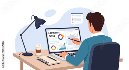 Male business owner or entrepreneur meticulously examining financial performance charts and sales data reports on a laptop screen in a modern office setting for company growth.