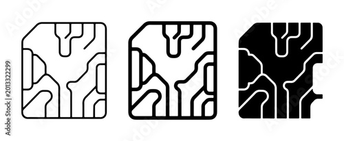 Schilderij op canvas SIM Card Icons, Microchip Circuitry Vector Graphics, Mobile Technology Symbols