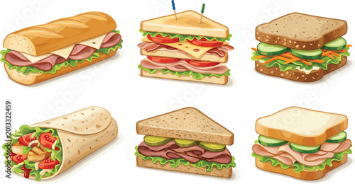 Schilderij op canvas Assorted Sandwich Vector Set Including Club Sandwich Submarine Roll Chicken Wrap