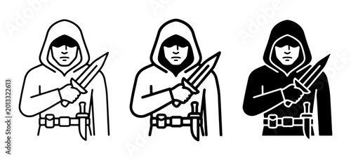 Foto Assassin Silhouette, Hooded Figure with Knife, Dark Vigilante Iconography, Crimi