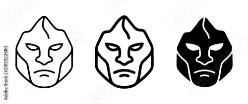 Billede på lærred Tribal Mask Icons, Ancient Face Symbols, Mysterious Deity Head Graphics, Set of