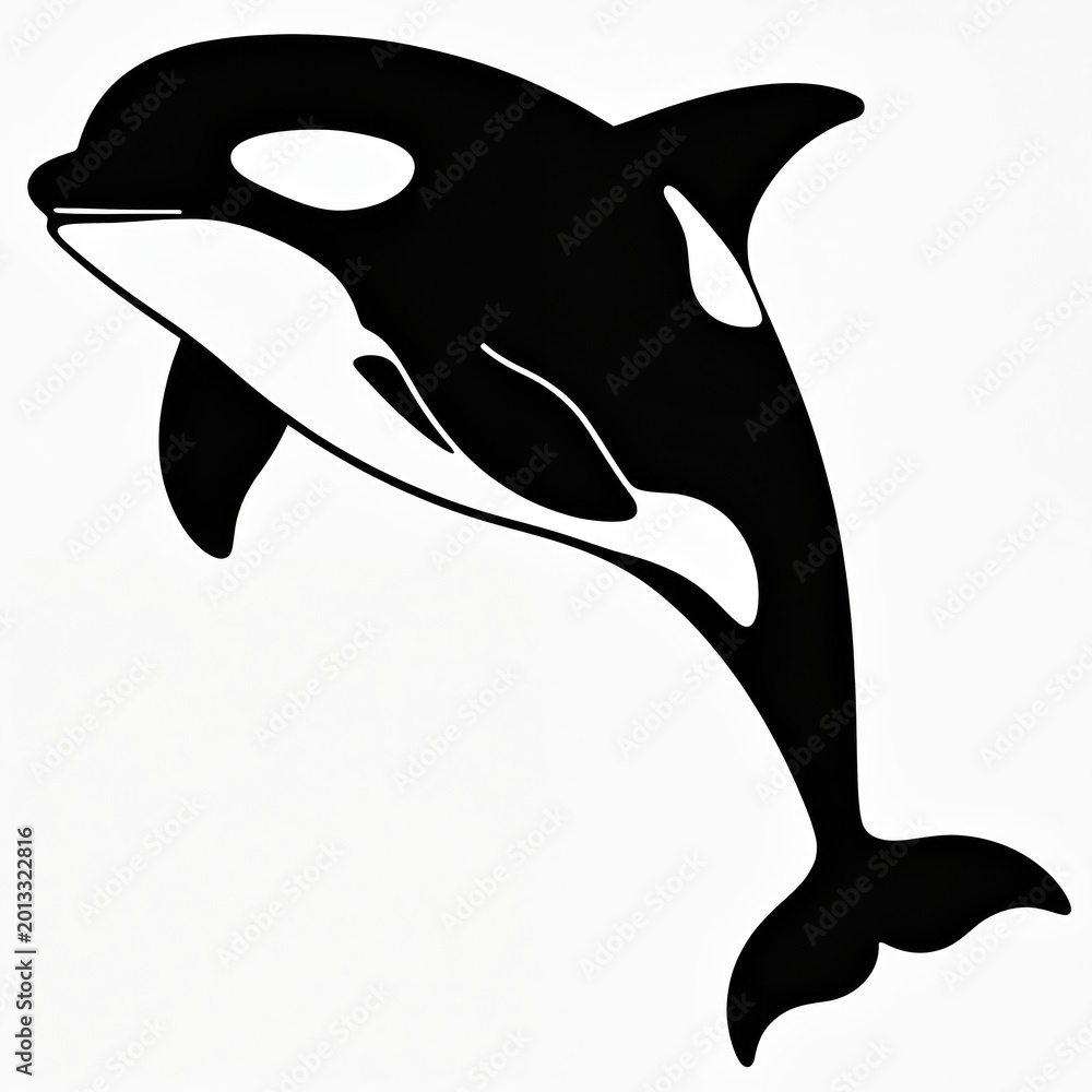 Naklejka premium Orca whale illustration, black and white graphic style. Marine mammal in simple clean lines. Killer whale design for ocean themes. Cetacean art.