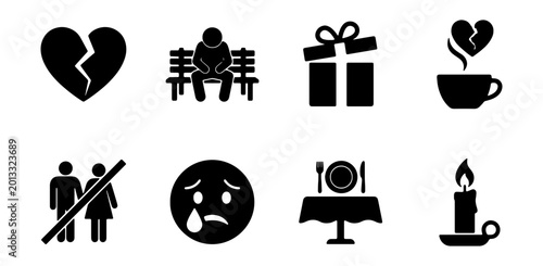 Bild auf Leinwand Sadness Icons: Broken Heart, Loneliness, Gift, Coffee, Couple, Crying Face, Dinn