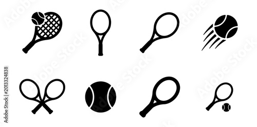 Tennis Icons Set: Racquets, Balls, Sports Equipment Vector Graphics