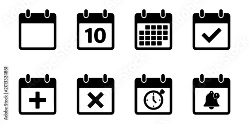 Calendar Icons Set: Date, Event, Reminder, Add, Cancel, Time, Notification