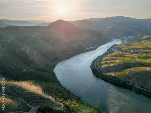 Принти на полотні Aerial drone view of the Douro River winding between vineyard hills in Douro Valley, Portugal, with soft sunset light