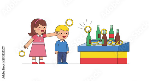 Cuadro en lienzo Children playing ring toss game at a fair, fun outdoor activity