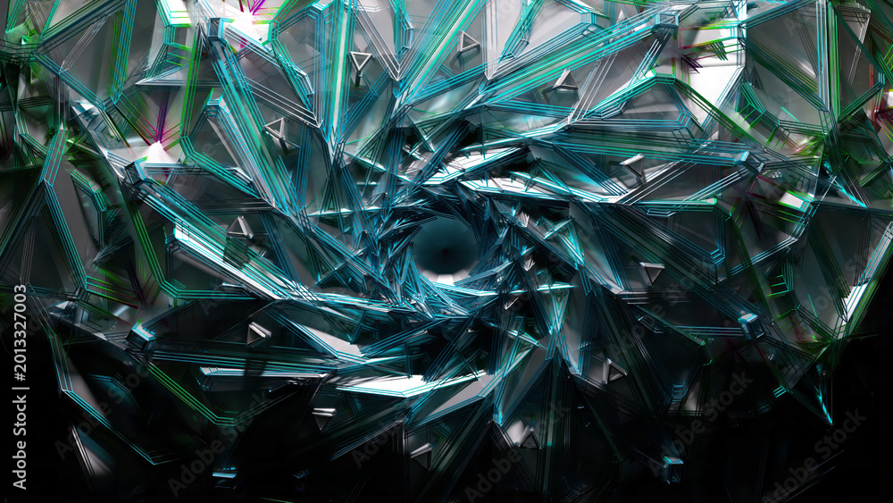 Obraz premium 3d render abstract art 3d background with part of surreal symmetry fractal object turbine engine detail in rotation deformation process in transparent plastic material with metal color wire
