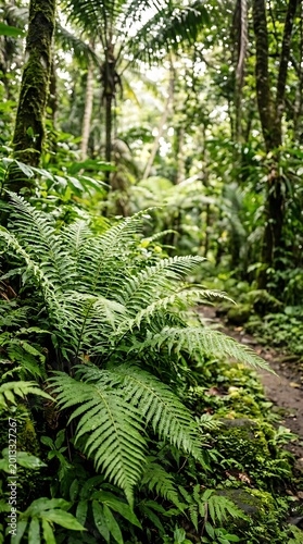Lush tropical fern foliage along a rainforest hiking trail.