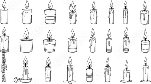 Schilderij op canvas Hand-drawn set of burning candles, various shapes and sizes with dripping wax outlines, perfect for festive, cozy, or spiritual designs