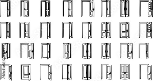 Fotografie Variety of Outline Door Illustrations: Open, Closed, Single, Double, and Bifold