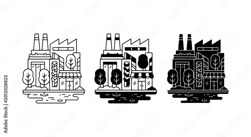 Naklejka premium Factory Icons Set, Industrial Building Graphics, Manufacturing Plant Vector Art