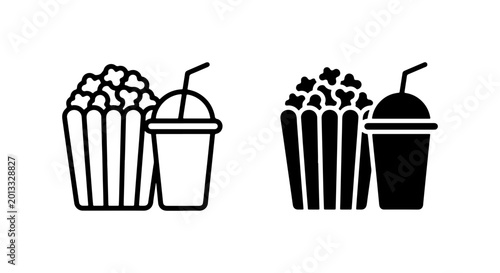 Foto Popcorn and Drink Icons: Cinema Snack Vector Set