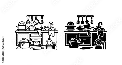 Fotografía Messy Kitchen Scene Vector, Dirty Dishes Clutter, Household Chores Icon Set