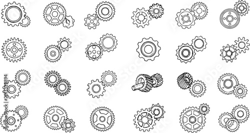 Fotografie Hand-Drawn Outline Gear and Cogwheel Collection - Mechanical Engineering, Indust