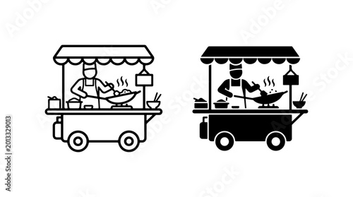 Food Cart Chef Cooking, Street Food Stall Vector Icons