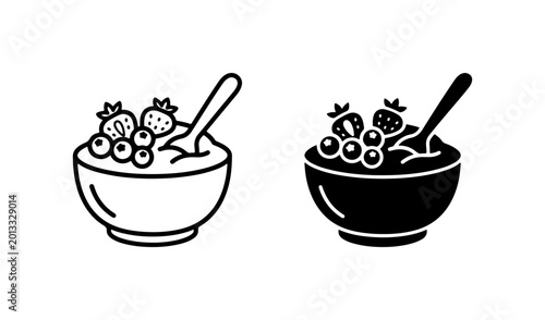 Berry Oatmeal Bowl Icons, Healthy Breakfast Vector Graphics, Food Icons