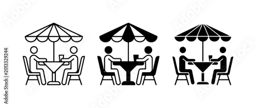 Outdoor Cafe Icons, People Dining Under Umbrellas, Restaurant Seating Vector Set