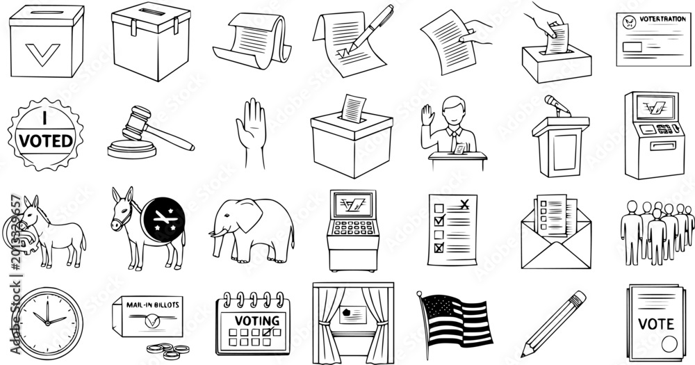 Fototapeta premium Detailed Hand-Drawn Election and Voting Icons Set with Political Symbols, Ballot Boxes, Registration, and Campaign Elements