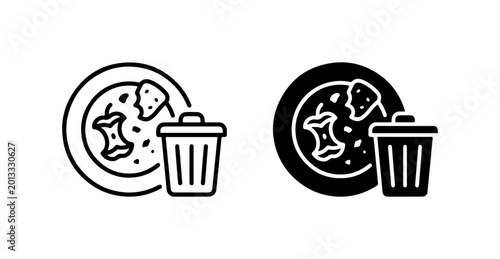 Foto Food Waste Icons, Plate Scraps Trash, Organic Refuse Bin Vector Set