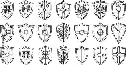 Bild auf Leinwand Collection of Medieval Shields Illustrations: Vintage Knight Heraldry Designs