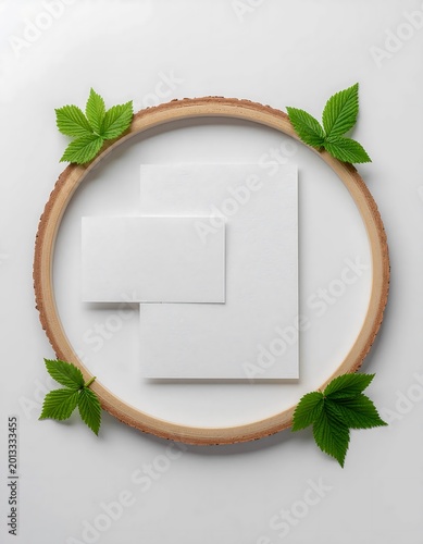 Minimalist Mockup with Blank Stationery inside a Wooden Hoop Decorated with Green Leaves.