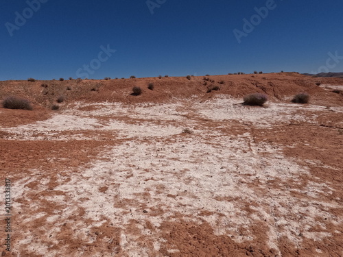 white salt deposits spreading across dry, reddish desert soil In arid environments