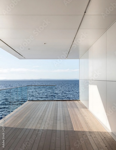 Minimalist modern terrace overlooking the calm blue ocean.