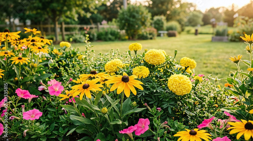 A vibrant assortment of yellow black-eyed susans and bright marigolds blooming in a lush garden