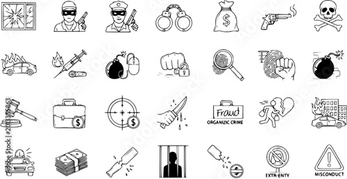 Billede på lærred Hand Drawn Doodle Sketch Crime and Law Icons Set