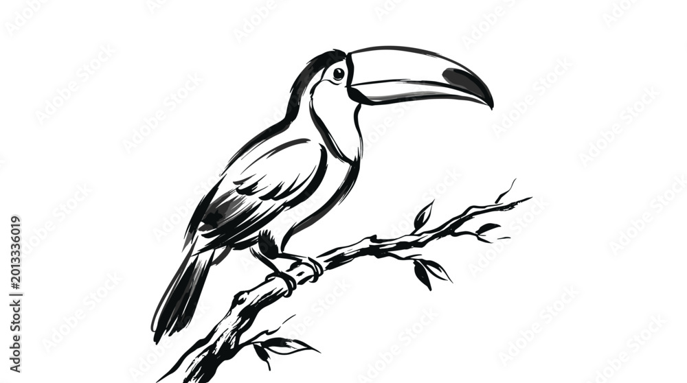 Fototapeta premium Elegant black and white illustration of a toucan perched on a branch