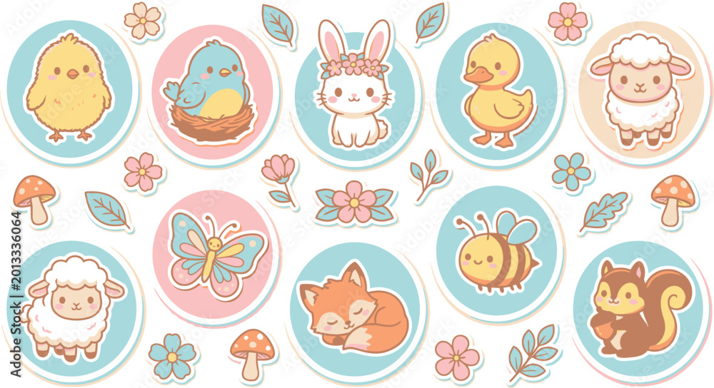 Obraz premium Cute kawaii spring animal circular badge sticker set featuring baby chick, bunny, sheep, fox, squirrel, and butterfly in pastel colors.