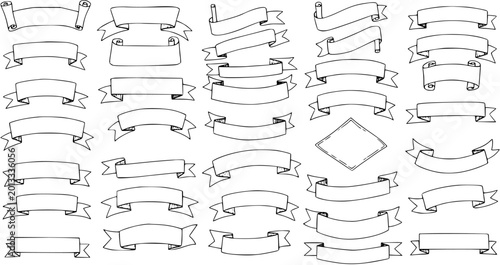 Billede på lærred Hand Drawn Doodle Ribbons, Banners, and Frames Collection - Outline Sketch Desig