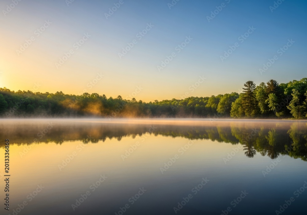 Obraz premium A serene lake at dawn reflects soft golden light as mist rises from the surface, surrounded by lush green trees and absolute silence, golden hour, lake, summer