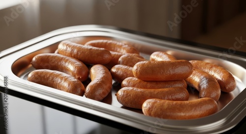 Golden brown breakfast sausages served in a heated silver metal tray at a luxury hotel buffet station with natural morning light reflections, preparation, tasty, nutrition