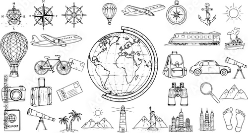 Konstfotografi Hand-drawn travel and adventure doodles set with globe, hot air balloons, passport, compass, camera, suitcase, plane, car, train, and famous landmarks