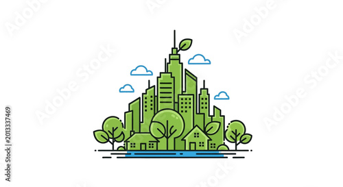 Tableau sur toile Green Cityscape with Trees and Buildings.