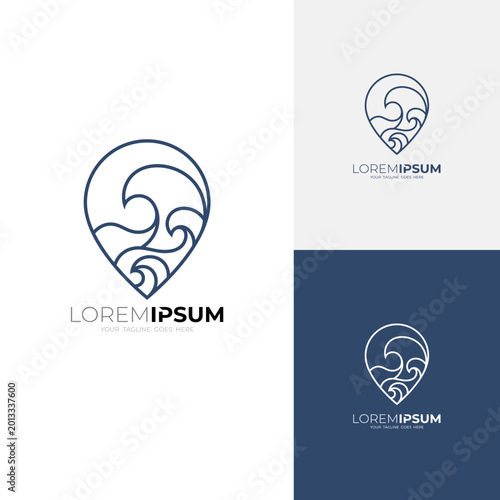 Water wave logo with line style, location logo sea and ocean logos