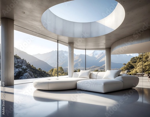 Modern living room with mountain view.