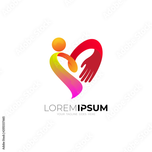 Love care logo with hand design charity, red color and people