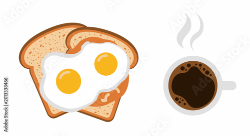 Obraz na płótnie Fried eggs on toast and black coffee flat illustration