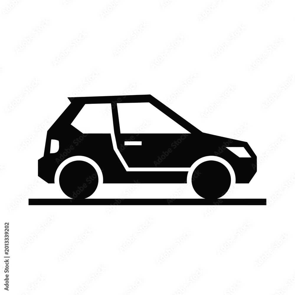 Naklejka premium A simple black silhouette of a compact car is depicted on a white background.