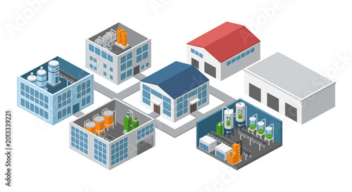 Fotografie Isometric illustration of industrial factory buildings and warehouse complex